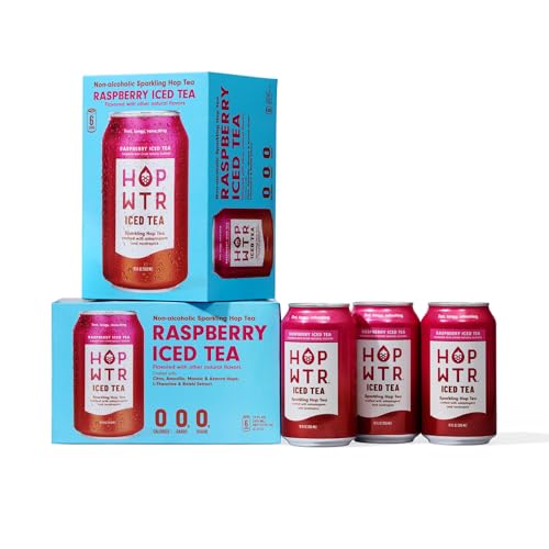 Image of HOPWTR Raspberry Iced Tea, Non Alcoholic Sparkling Tea with Adaptogens, Nootropics & Vitamin C, Zero Sugar Zero Calorie Functional Beverage, Gluten Free Hop Water Drink (12 Pack, 12oz Cans)