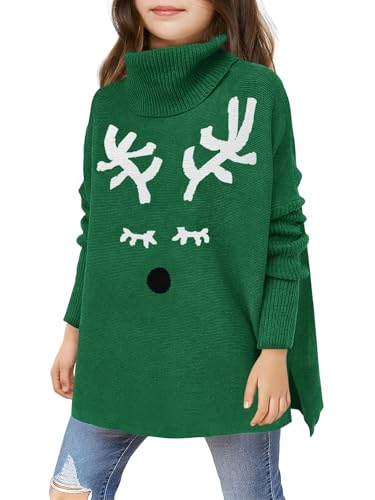 Image of Haloumoning Girls Christmas Sweater Kids Oversized Turtleneck Cute Reindeer Sweaters with Side Slit
