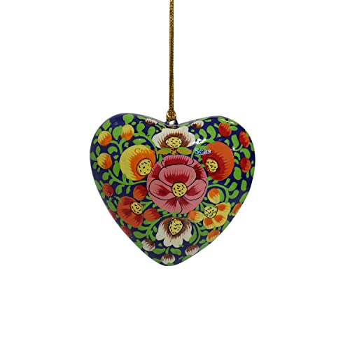 Crossing Seven Seas Hand Painted Flower Design 3 Inch Christmas Ornaments, Set Of 3 Tree Decoration Ornaments Bell, Ball, Heart Christmas Tree Decoration (Blue) #TOP1
