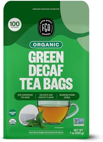 FGO Organic Green Decaf Tea, 100 Count, Eco-Conscious Tea Bags, Resealable Bag, Caffeine Free, Packaging May Vary (Pack of 1)