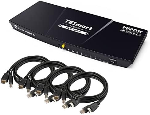 TESmart KVM Switch HDMI 4 Port 4K@60Hz RGB 4:4:4, HDMI KVM Switches 4 Computers 1 Monitor, HDCP2.2, EDID, L/R Port, Dolby Vision, Advanced K&M Compatibility, Hotkey, with Cable and Remote