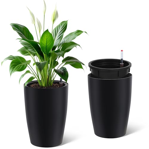GarveeLife Set of 2 Tall Planters for Outdoor Plants, 16in Large Planters for Outdoor Indoor Plants with Water Level Monitor ＆ Inner Bucket, Automatic Watering, for Porch, Patio, Backyard（Bl