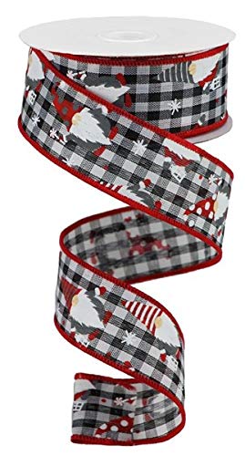 Christmas Gnomes on Check Wired Edge Ribbon - 10 Yards (Black, White, Red, 1.5 Inch)