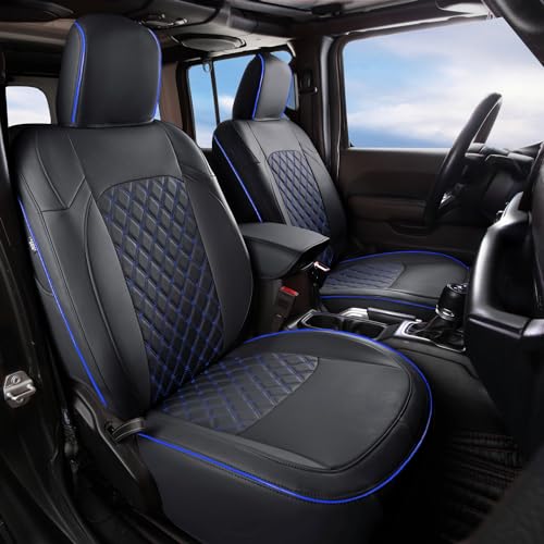 GIANT PANDA Fit Full Set Car Seat Covers for Jeep Wrangler 4 Door JL Sahara Sport Rubicon Unlimited Willys 2018 2019 2020 2021 2022 2023 2024 2025 Without Rear Cup Holder,Faux Leather - (Black+Blue)