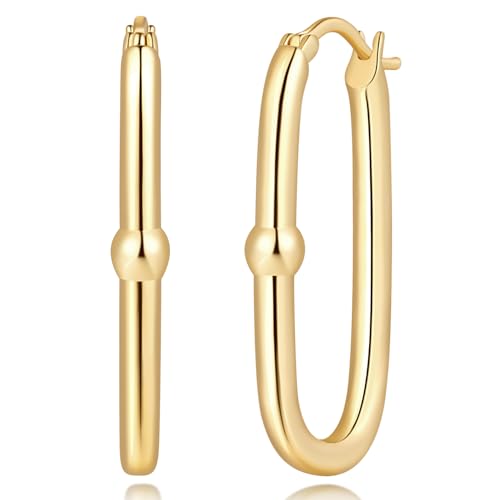 Gold Earrings for Women 14k Gold Hoop Earrings for Women Square Hoop Earring for Womens Square Oval-Shaped Design with A Small Round Bead Dainty Hoops Earring for Womens Hoops Trendy 33mm