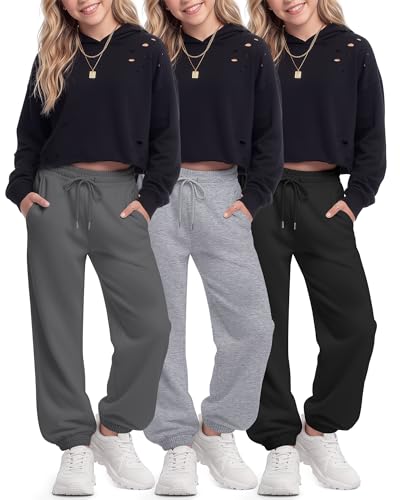 3 Pack Girls Sweatpants Drawstring Wide Leg Baggy Sweat Pants High Waist Active Joggers for Kids with Pockets 5-14Y