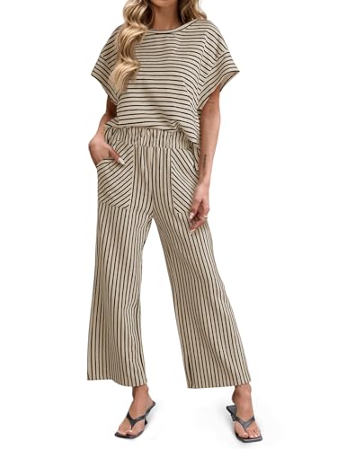 Image of Tankaneo Womens Striped 2 Piece Sets Short Sleeve T Shirts Wide Leg Pants Matching Lounge Set with Pockets