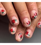 Short Square Press on Nails Valentine's Day Fake Nails Rose with Gold Line Design Acrylic Full Co...