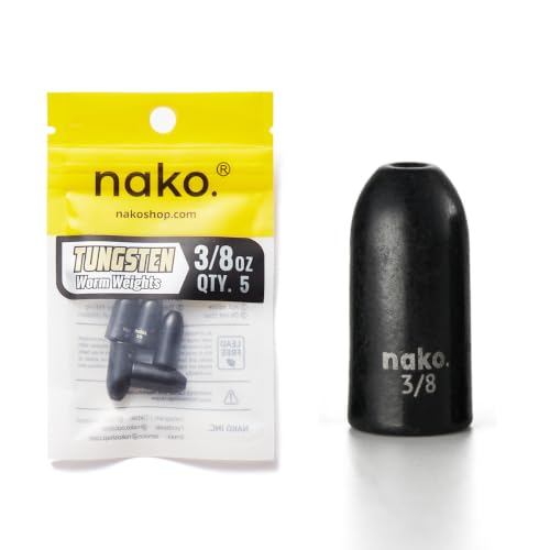 Nako Tungsten Worm Weights 5 Pack - No Chip Black Color, 3/8 oz Tungsten Bullet Weights for Bass Fishing