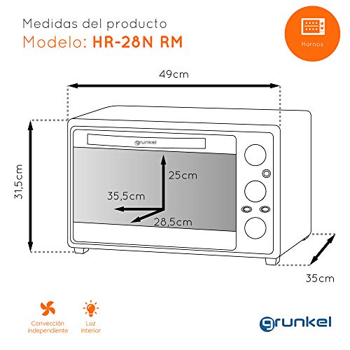 Grunkel - HR-28NRM - Multifunctionele elektrische tafeloven, 28 l, 3 verwarmingsfuncties, temperatuurkeuze tot 230 °C en 60 min-timer. Inclusief accessoires - 1600 W - zwart - Image 6