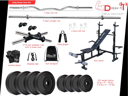 Image of DREAM FIT PVC Home Gym Set - 30 Kg with 8in1 Gym Bench, 3 ft Curling Rod, 5 ft Straight Rod, 1 Pair Dumbbell rods and Gym Accessories (30kg)