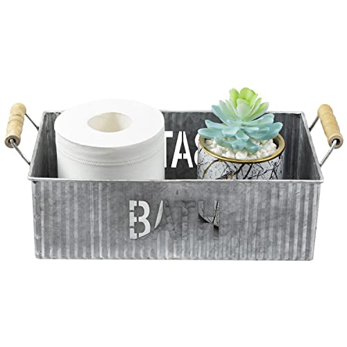 Mygift Currogated Galvanized Metal Rectangular Storage Basket With Wooden Handles, Bathroom Toiletries Holder, Organizer Bin With Bath Cutout Label #TOP6