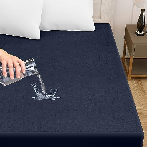 Image of Amigos 100% Waterproof Ultra Soft Cotton Feel Terry Mattress Protector Size 78 inchx 48 inch | Breathable Hypoallergenic Elastic Fitted Mattresses Cover (78x48, Navy Blue)