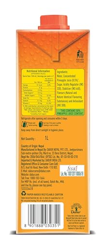 Image of DABUR Real Pineapple Fruit Juice-1L (Pack Of 2)Rich In Vitamin C|No Added Preservatives,No Artificial Colors&Flavours|Goodness Of Best Fruits|Daily Dose Of Fruit Nutrition|Refreshing&Energising Drink