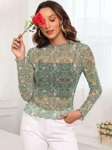 YVH Womens Sheer Mesh Tops Long Sleeve Floral Blouse Stretchy See-Through Shirt for Daily Layering, Casual, Concert & Party, Floral Printed Emerald Green Finch L — view 6