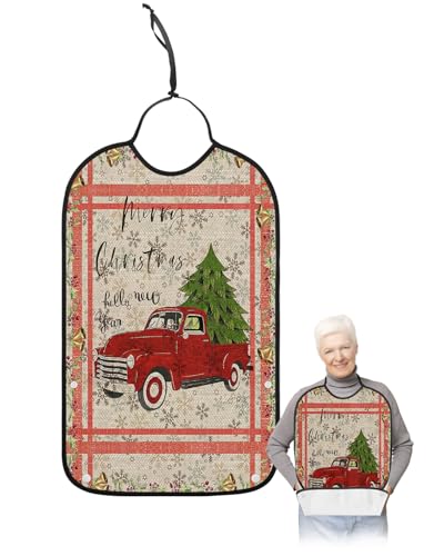Christmas Truck Adult Bibs for Eating, Waterproof Bibs with Food Catcher & Snap Closure, Xmas Tree Bells Berry Winter Snowflake Red Striped Clothing Protectors Adult Bibs for Elderly Women/Men