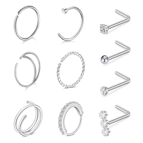 WillTen 10Pcs Nose Rings L Shaped Nose Studs Silver 20G Nose Rings Hoops Nose Screw Studs Stainless Steel Corkscrew Nose Studs Nostril Nose Piercing Jewelry C Shape Nose Hoops for Women