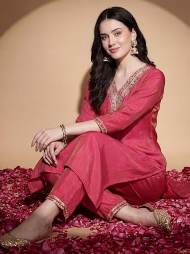 Image of INDO ERA Women's Silk Blend Embroidered Zari Work Straight Kurta & Pant Set | Cord Set For Women