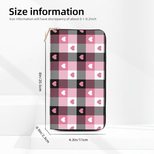Pink Heart Plaid Print Wallet Women Men, Long PU Leather Wallets for Women, Cute Womens Travel Wallet Purse Pouch with Zipper Pocket3