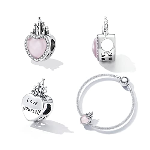 Pink Fairy Tale Princess Charms for Bracelets and Necklace, Dangle 925 Sterling Silver Cubic Zircon Cute Cartoon Princess Dress/Magic Mirror/Makeup Box/Love Heart/Caste Pendant Beads for Women2