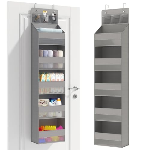 Image of Fixwal Over the Door Organizer 6 Shelf Hanging Storage Organizer with 3 Pockets for Bedroom, Living Room, Baby Nursery, Bedroom, Kitchen, Grey