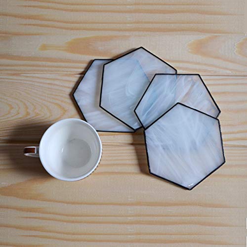 Minimalist Hexagon Coasters for Drinks Set of 4 White Clear, Modern Geometric Stained Glass Decor for Kitchen or Dining Room, Minimal Handcrafted Art Decoration for Home Office Dorm, Housewarming Gift