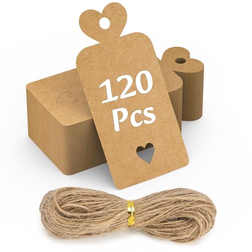120PCS Etiquetas para Regalos 5x10CM Papel Kraft Etiquetas en Blanco con Cuerda y 30M Yute Natural DIY para Regalos de Boda, Regalos, Marrones, Etiquetas de Precio-Corazón