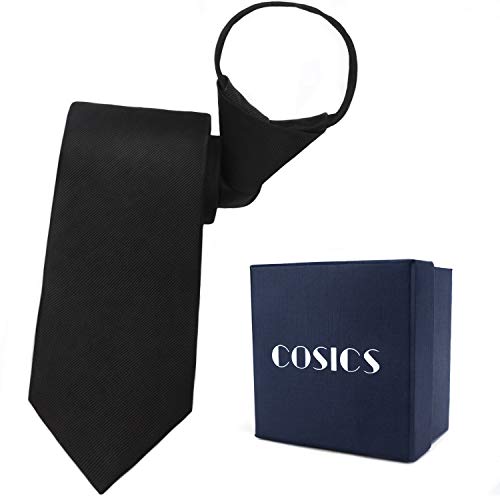 Cosics Man Black Tie 19.7 X 2.8 Inch, Men's Solid Color Zipper Tie, Adjustable Narrow Pre-Tied Zip Up Necktie For Wedding With Gift Box, Classic Woven Tie For Formal Business Women Boy Uniform #TOP5