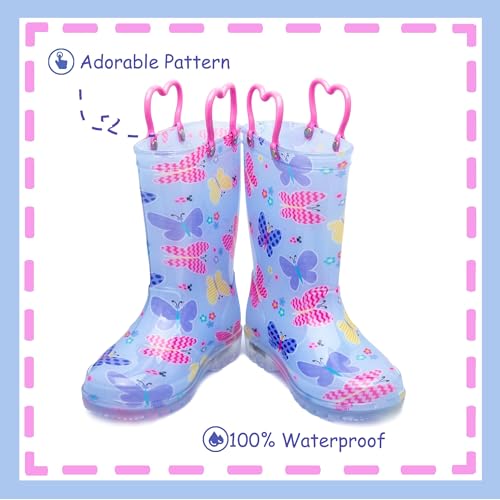 Image of Outee Toddler Girls Rain Boots Little Kids Baby child Light Up Waterproof Rubber LED Shoes Printed Mud Lightweight Adorable with Easy-On Handles Non Slip Sole Pink Blue Butterfly Size 10