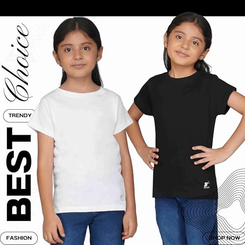 Image of Kids Round Neck T-Shirt Half Sleeves 100% Cotton Rich Soft Comfortable Fit Stylish Plain Color 1+1 Combo Original Brand Tshirt for Girls