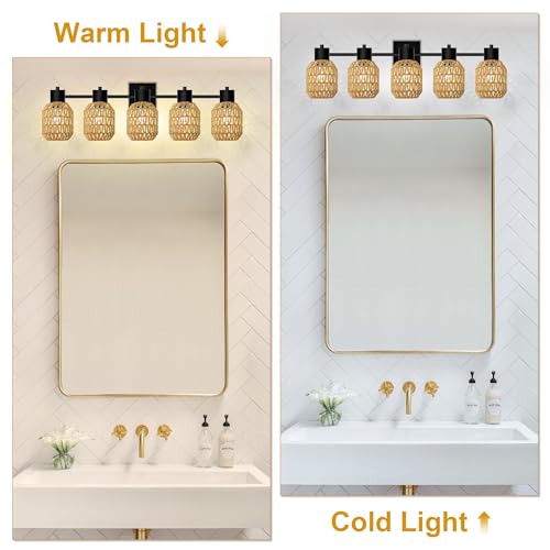Image of CHICLUX Bathroom Vanity Light, 5 Lights Boho Rattan Bathroom Lighting fixtures Over Mirror, Farmhouse Vanity Lighting Fixtures with 330 Adjustable Woven Lampshade, E26 Base (Bulbs Not Included)