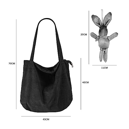 GVSAVY 1 Black Corduroy Bag, With 1 Rabbit Charm, Retro Shoulder Bag, Simple Beach Bag, Casual Large Capacity Shopping Bag - Image 2