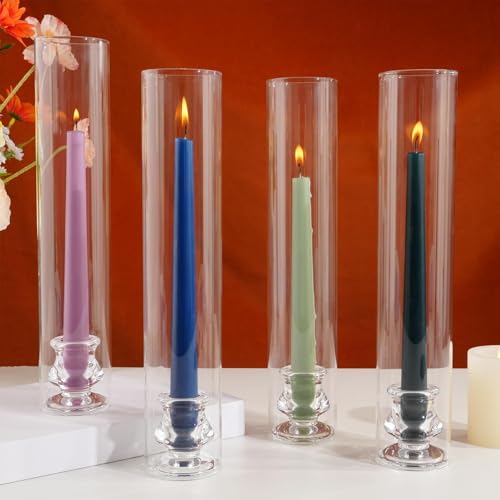 Un lot de 10 bougeoirs en verre, adaptés pour les bougies coniques, avec couvercles cylindriques coupe-vent de 30 cm de haut. (4)