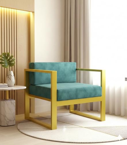 Image of Metal Single Seater Sofa with Cushion for Living Room | Heavy Duty Iron Frame with Powder Coating | Comfortable Seating for Home & Office (Golden-Green)