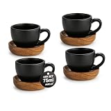 AMOJA 4er Espressotassen mit Untertassen Schwarz 75ml, Mokkatassen Set