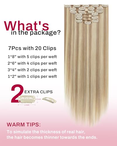 Image of Moresoo Clip in Hair Extensions Blonde Highlights Human Hair 24 inch 120g | Human hair clip in extensions, ash blonde golden highlights, 7pcs, smooth straight finish for bright dimensional styling