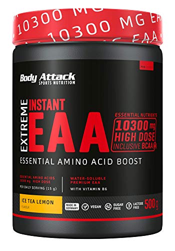 Body Attack Extreme Instant EAA Pulver - Ice Tea Lemon, 500g - extrem Lecker, sofort löslich, vegan, 8 essentielle Aminosäuren hochdosiert - 10300mg EAAs pro Shake, Made in Germany Cover