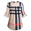 Moyabo-Womens-34-Cuffed-Sleeve-Zipped-V-Neck-Plaid-Tunic-Shirt-Blouses Moyabo Women's 3/4 Cuffed Sleeve Zipped V Neck Plaid Tunic Shirt Blouses
