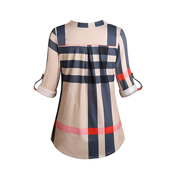 Moyabo-Womens-34-Cuffed-Sleeve-Zipped-V-Neck-Plaid-Tunic-Shirt-Blouses Moyabo Women's 3/4 Cuffed Sleeve Zipped V Neck Plaid Tunic Shirt Blouses