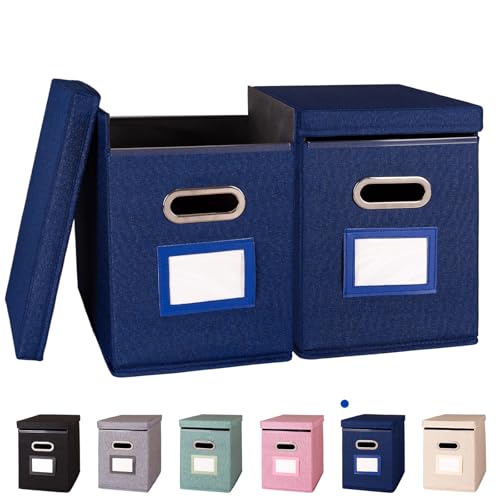 ComfortKeeper 2 Pack Hanging File Folders Organizer with Lid, Letter Size Fabric File Storage Box Collapsible, Portable Office Document Holder with Metal Handle, Smooth PVC Rails, Blue