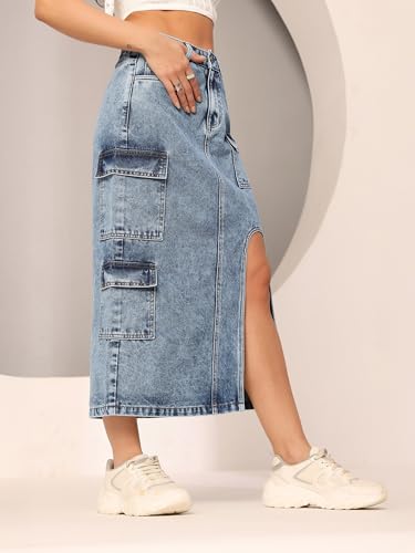 Image of Dolce Crudo Women's Flared High-Rise Stretchable Denim Maxi Skirt