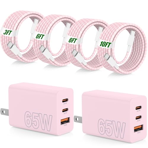 Image of 65W Fast Charging for iPhone Duo 18 17 16 Pro Max,3 Port 100W USB C Charger Block & 3 /6 /6 /10FT Braided Type C Cord for iPhone 17 16 15 Pro,for Samsung S26 Ultra /MacBook Air /iPhone 18 Pro Max-Pink