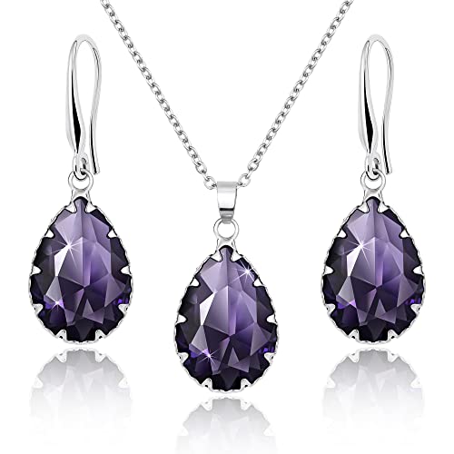 Linawe Conjuntos de joyas de amatista para mujer, juego de pendientes de plata, pendientes colgantes, collar de cadena con colgante morado, joyería nupcial, conjunto de joyas de moda