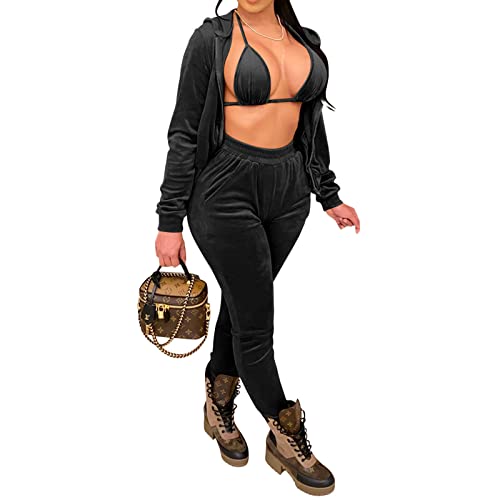 Conjunto Traje De Moda para Mujer, Cárdigan 3 Piezas, Sujetador, Pantalones Largos, Conjuntos Tres Piezas, Atuendo Informal, Trajes Chándal,Negro,XXL Cover