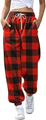 Christmas Baggy Yoga Sweatpants for Women Buffalo Plaid Comfy High Waisted Jogger Pants Oversized Color Block Workout Pants
