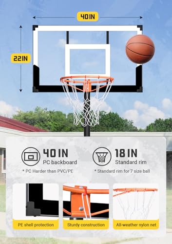 Portable Basketball Hoop Indoor/Outdoor 3.3-10ft Adjustable, 40 Inch Shatterproof Backboard Rugged Fillable Base with 2 Wheels Goal for Kids/Teenagers/Adults in Backyard/Driveway/Community (3.3-10ft) - Thumbnail 2