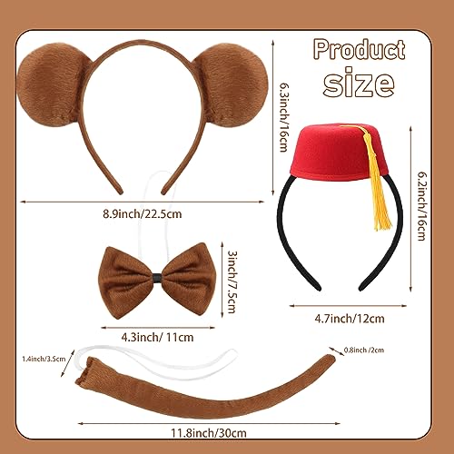 Ceenna 4 pcs Halloween Monkey Costume Set Felt Red Fez Hat Headband Monkey Ear Headband Bowtie and Tail for Cosplay Costume Party Supplies - Thumbnail 2