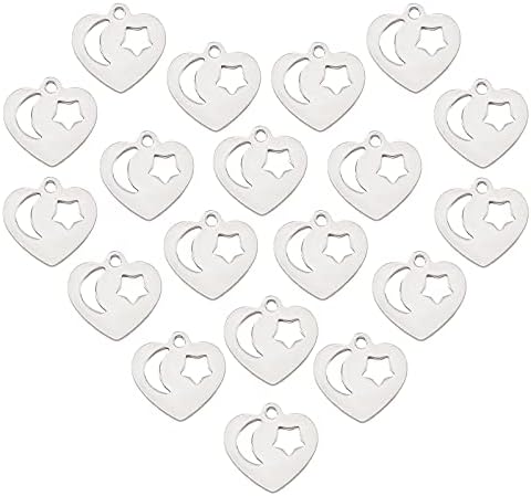 UNICRAFTALE 200pcs Heart with Moon & Star Charms Stainless Steel Pendants Metal Small Hole Charms for Jewelry Making, Stainless Steel Color, Hole 1.4mm