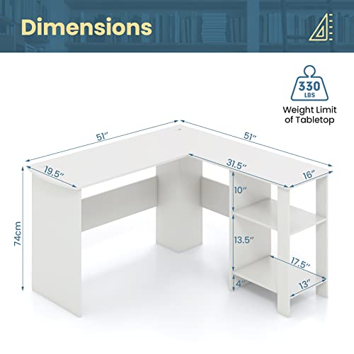 Giantex L Shaped Computer Desk, 51" Large Corner Desk With 2 Cable Holes & 2 Storage Shelves, Modern Office Gaming Table, Writing Study Workstation With Cpu Stand For Home Office, White #TOP2