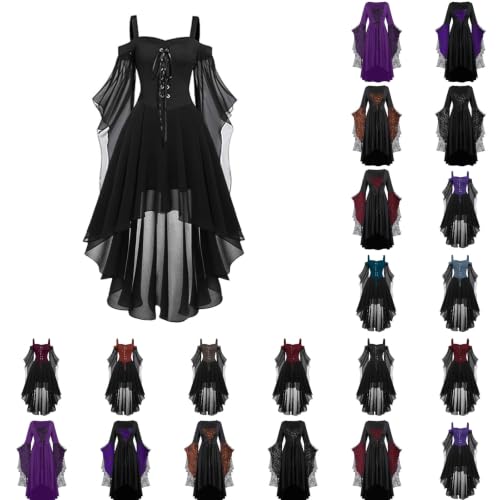 Generisch Mittelalter Kleid Damen, Gothic Kleid Halloween Kostüm Damen Mittelalter Kleidung Gruselig Schwarz Maxikleid Corsagenkleid Mit Trompetenärmel Goth Dress Vampir Renaissance